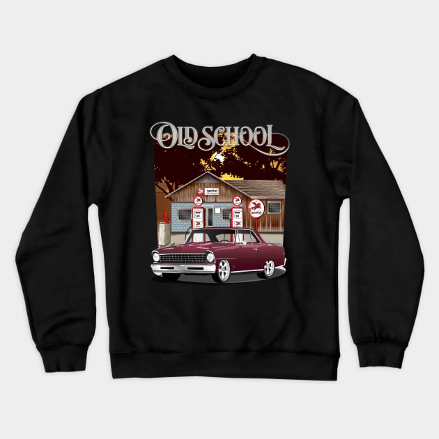 1967 Madeira Maroon Chevrolet Nova Old School Print Crewneck Sweatshirt by RPM-ART